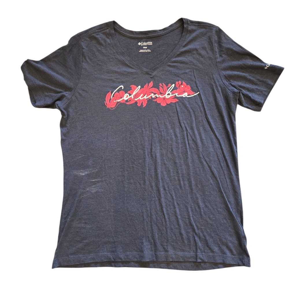 😁Womens Columbia Navy Blue V Neck Shoet Sleeve Hawiian T-Shirt Size M